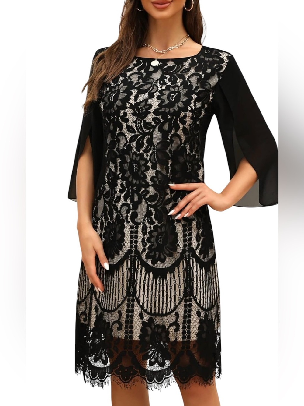 Cooan Lace Cocktail Dress Black and Cream Sheer Long Sleeve Womens Medium NEW